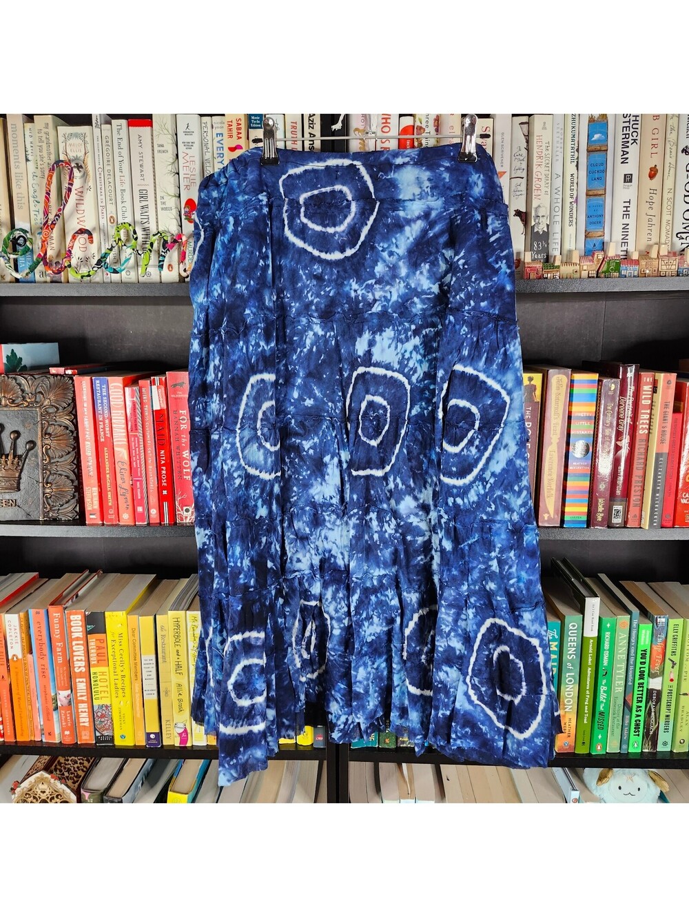 INC International Concepts Blue Tie Dye Tiered Maxi Skirt Cotton Boho Size Large